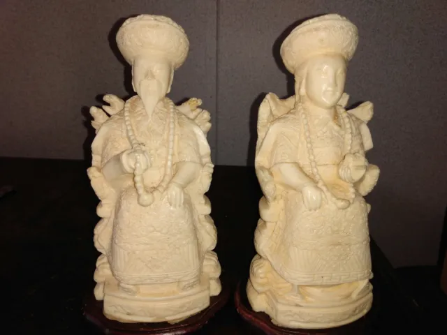 Pair Vintage Chinese Carved & Molded Resin Emperor & Empress Figurines