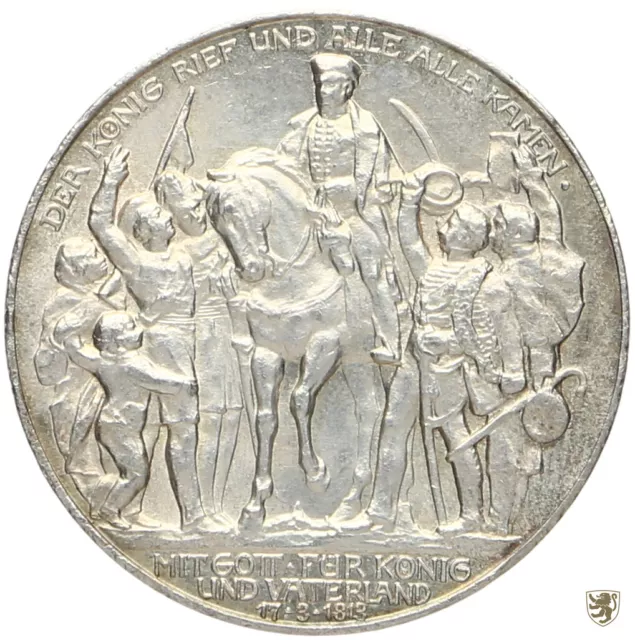 PREUSSEN, 3 Mark, 1913, Wilhelm II., 100 Jahre Befreiungskriege, Jg. 110, unz