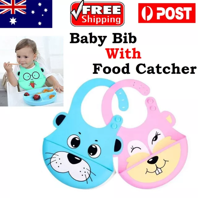 Baby Feeding Bib Apron Smock Silicon Waterproof Easy Clean Pouch Food Catcher