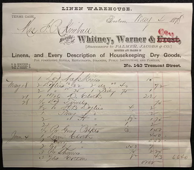 1878 Whitney, Warner & Company Boston, Mass. Billhead! Notable: Mrs. F. Kimball!