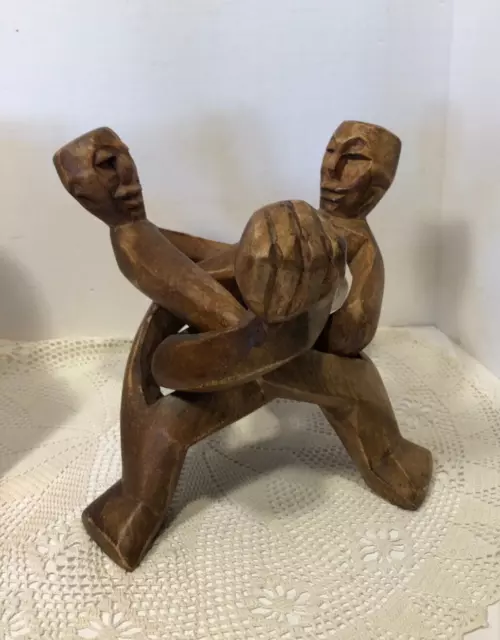 VTG African Hand-Carved Wooden Interlocking Collapsible 3 Faces Plant Stand