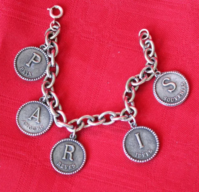 Vintage Paris France Souvenir Charm Bracelet - 7 1/2" Large Link Silver Chain