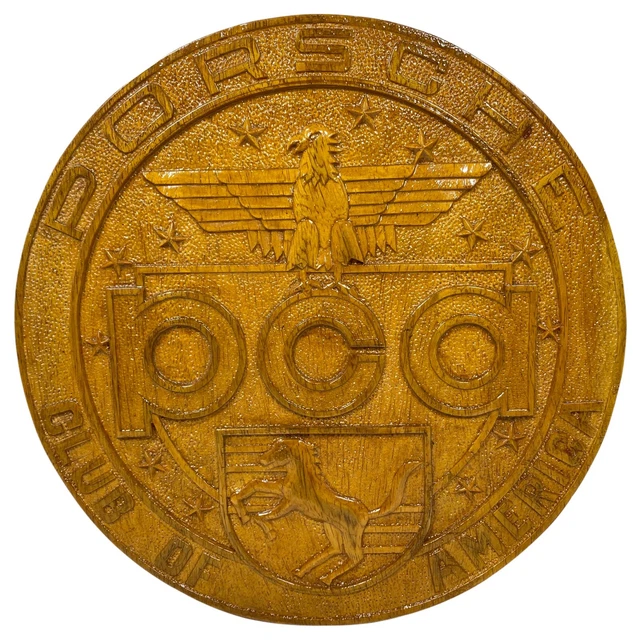 Vtg PORSCHE CLUB OF AMERICA Carved Wooden Wall Plaque Wood Sign Seal Plate PCA
