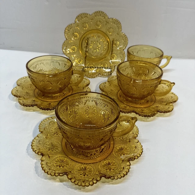 4 Vintage Brockway American Concord Amber Glass Coffee Tea Cups 6 oz w/Saucers