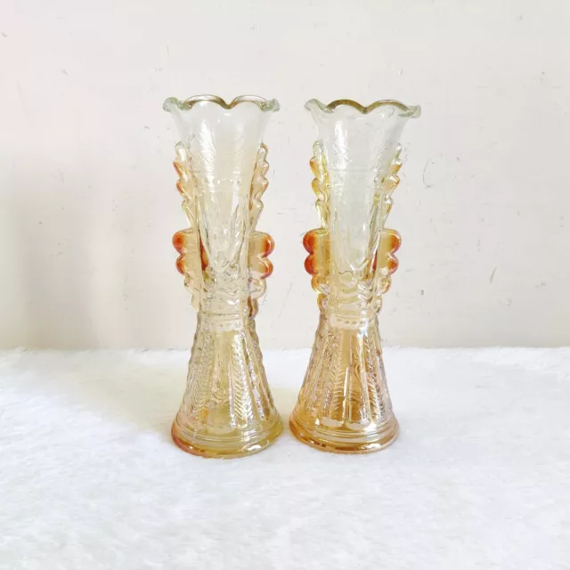 1930s Vintage Carnival Glass Marigold Fairy Design Flower Vase Pair GV133