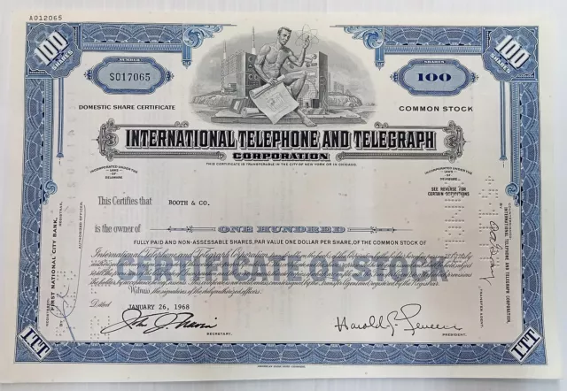 AOP USA International Telephone & Telegraph share certificate for 100 shares