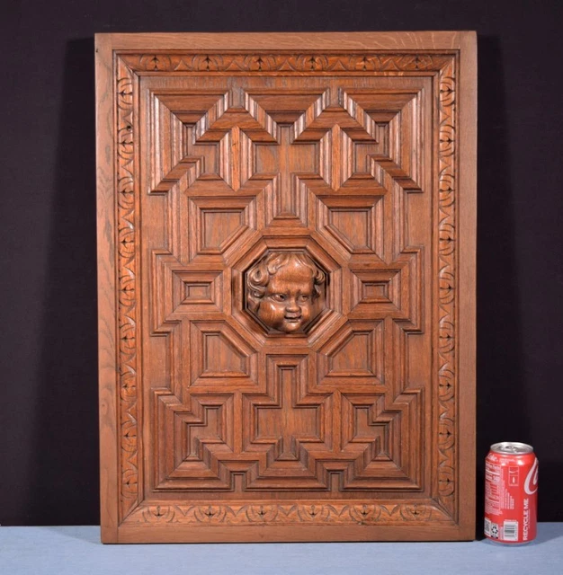 *French Antique Architectural Panel in Solid Oak Wood with Cherub Carving