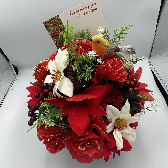 Quality Artificial Christmas  Arrangement Grave vase / Memorial / Crem Pot Red 3