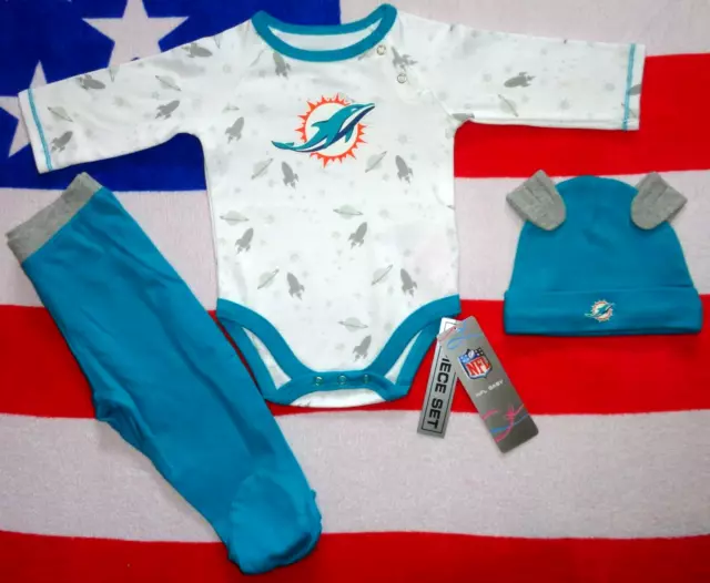 🏈Miami Dolphins🏈Babys Official NFL Football 3pc Outfit🏈0-3 Months🏈New🏈03🏈