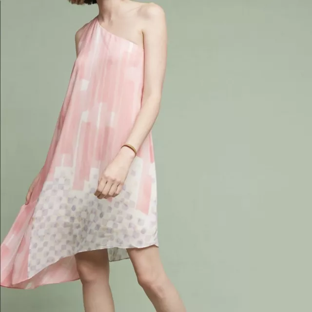 Anthropologie Maeve Avalonne Silk Dress One Shoulder Pink Asymmetrical 8P 2