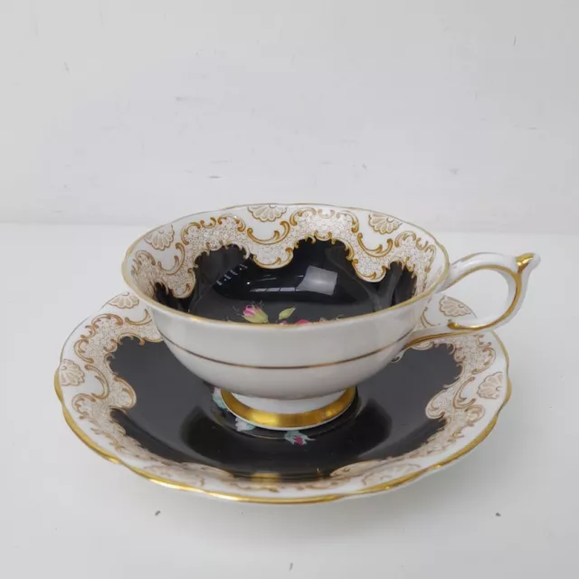 Paragon Cup & Saucer Vintage Black Rose Gold Queen & Queen Mary Floral -WRDC