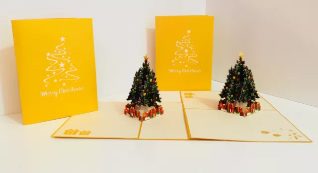 OrigamiPopCards.com Gold Victorian Merry Christmas Tree 3D Pop Up Greeting Card