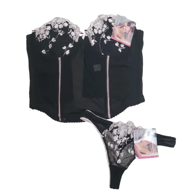 VICTORIA'S SECRET BLACK & pink lace corset with attached garters