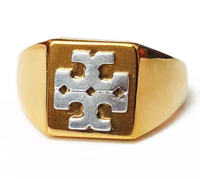 AUTH Tory Burch Gold New Block T-Logo Brass Silver Ring SZ 7 Ret $98 & Dust Bag