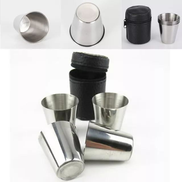 Drinking Mug Stainless Steel 4pcs Travel PU Leather Cover Case Shot Glass Cup