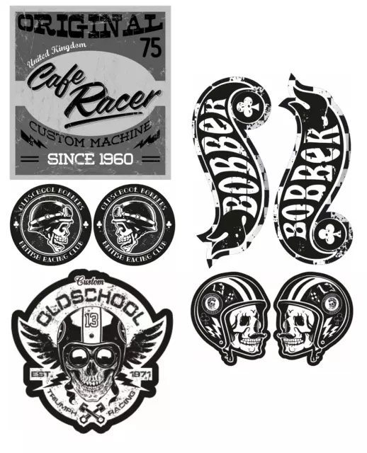 8x Adesivi Cafe Racer Bobber Old School Biker Custom Moto V2 Twin V8 MG612