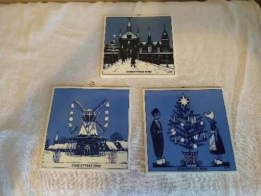 Lot Of 3 VTG Royal Delft Christmas Tiles  1968 1969 1970 6"X6" Holland Blue