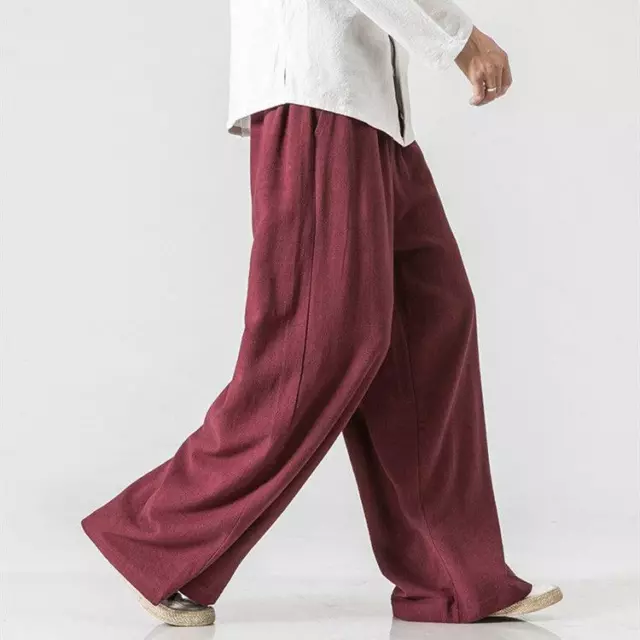 Mens Chinese Style Loose Harem Pants Casual Yoga Kung Fu Wide Leg Long  Trousers#