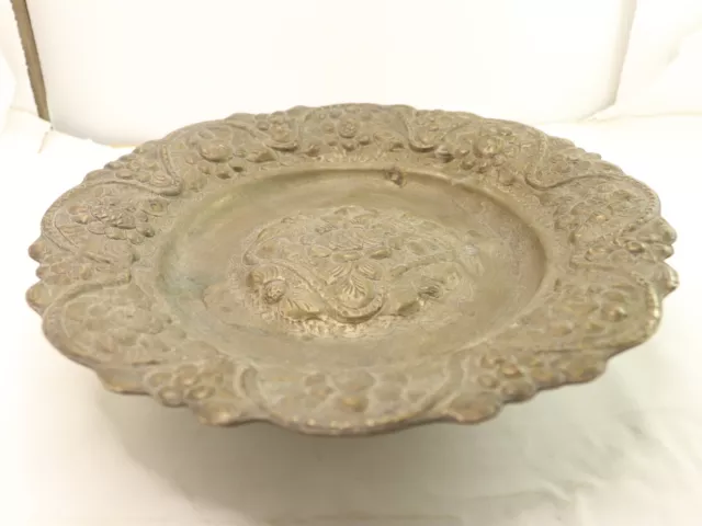 Vintage Brass Serving Dish Engraved With Flowers Ornate Fruit Bonbon Plate Rare