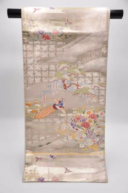 Vintage Japanese Kimono Fukuro Obi Silk Lucky Pattern Saganishiki Kusakisome #24