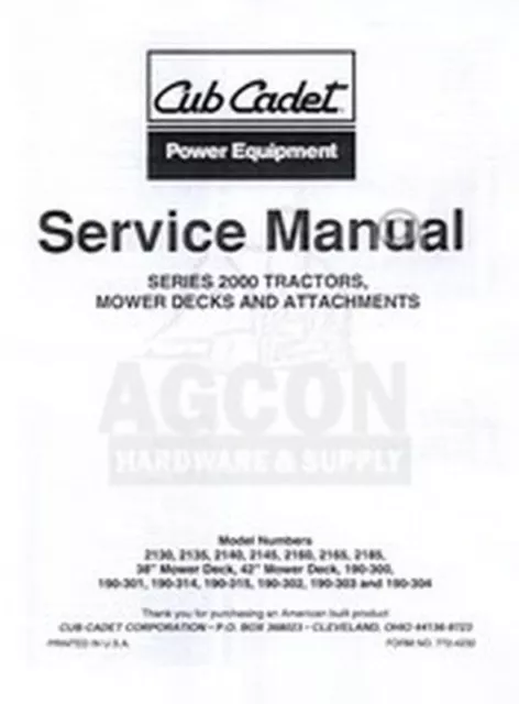 Cub Cadet 2160 2165 2185 2000 Series Service Manual IH