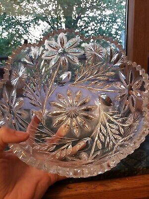8" Round Bowl Antique American Brilliant Cut Glass Crystal Flashy Thistle Dahlia