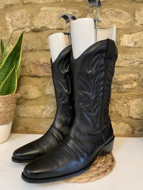 VINTAGE MENS BLACK Leather Cowboy Boots Block Heels Mid Calf Uk Size 11 ...