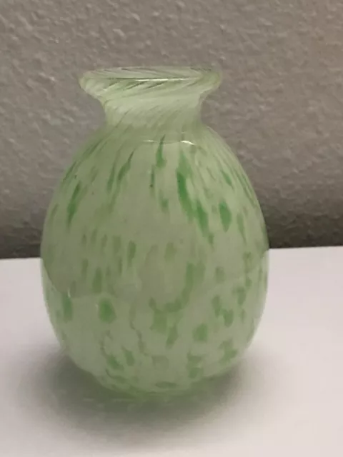 Hand Blown Art Glass Bud Vase Speckled Green & White