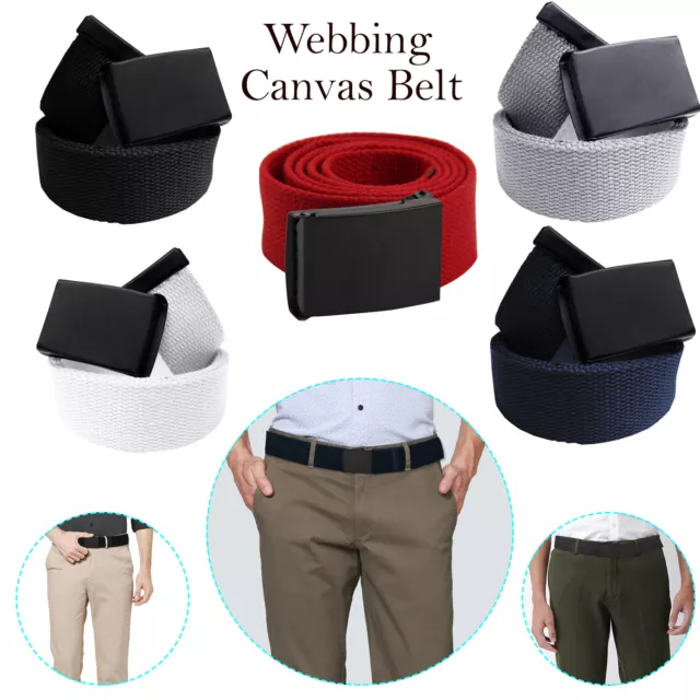 Unisex Mens Canvas Fabric Webbing Waist Belt Army Style Adjustable Black Buckle