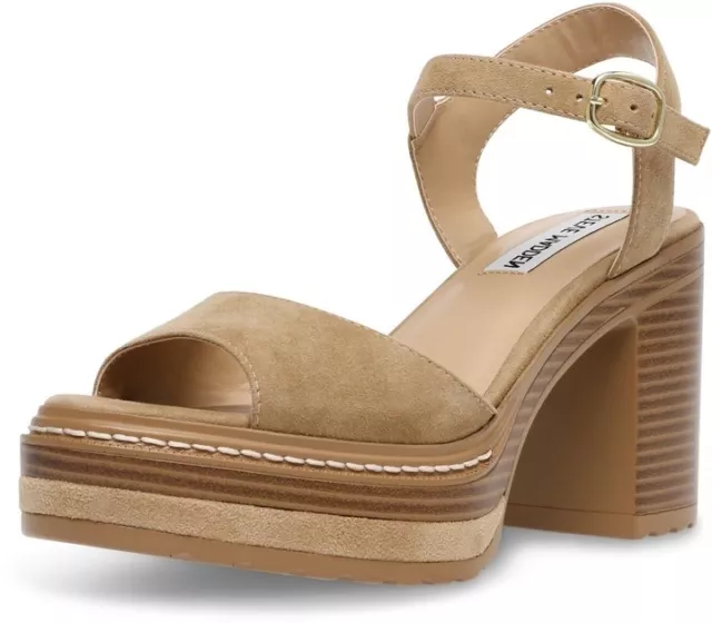 Steve Madden Shaker Sand Taupe Suede Ankle Strap Open Toe Block Heeled Sandals