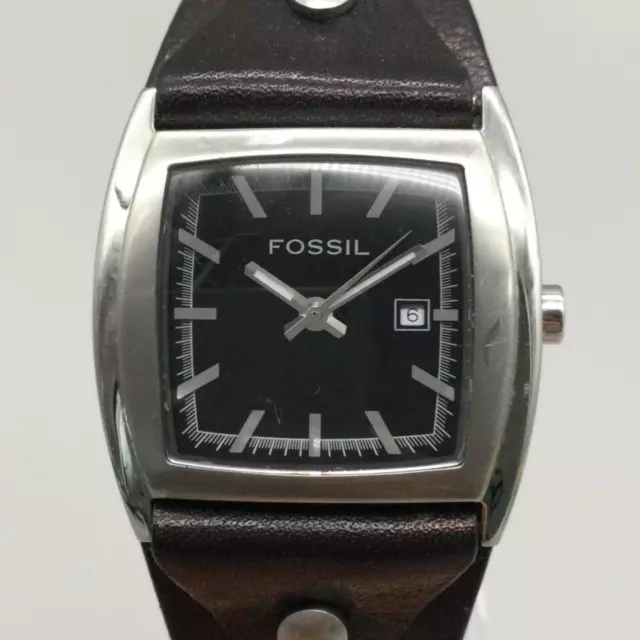 Fossil Watch Unisex 33mm Silver Tone Date Square Wide Leather Band New Battery