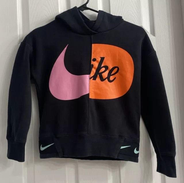 Nike Girls Youth Black Graphic Duo Logo Pullover Hoodie Sweatshirt Size M