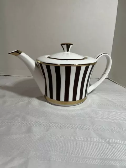 HENRI BENDEL STRIPED Teapot Brown White Gold Bone China