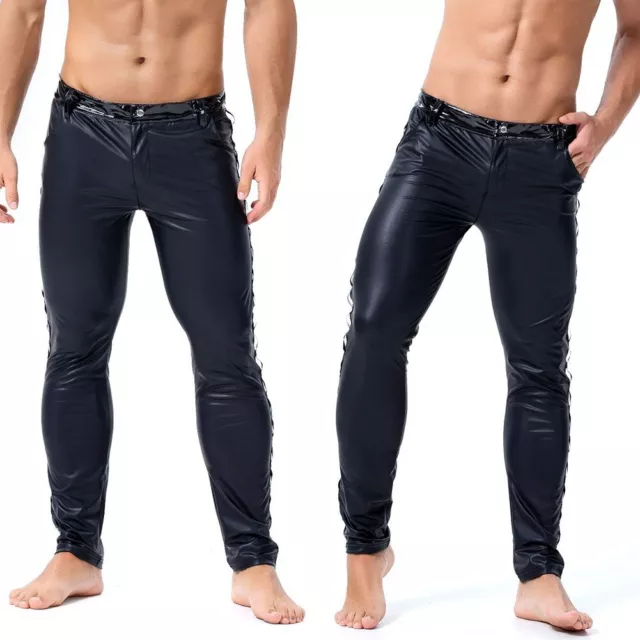 Pantaloni da motociclista uomo neri in pelle scamosciata slim aderenti gambe dri