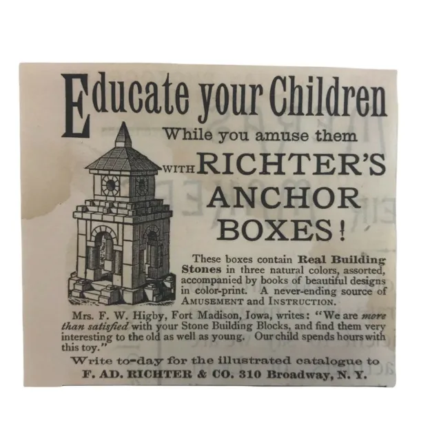 1889 Richter's Anchor Boxes Broadway New York Victorian Print Ad Original 2T1-68
