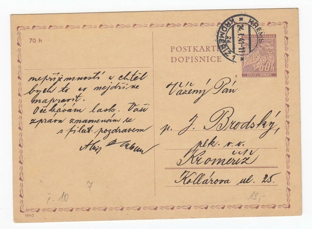 Böhmen und Mähren Postkarte Ganzsache Ortsverwendung Kremsier 1 Kroměříž 1 1941