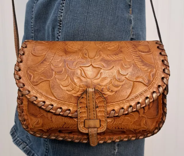 PATRICIA NASH NARDINI Brown Tooled Italian Leather Saddle Crossbody Bag Purse