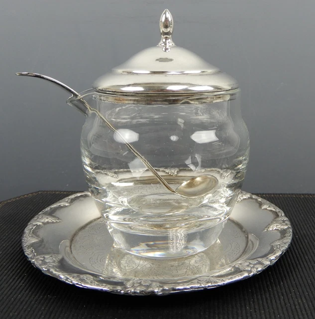Sweden Metal Silverplated Tray Glass Jam Jar W/Sterling Silver Ladle and Lid
