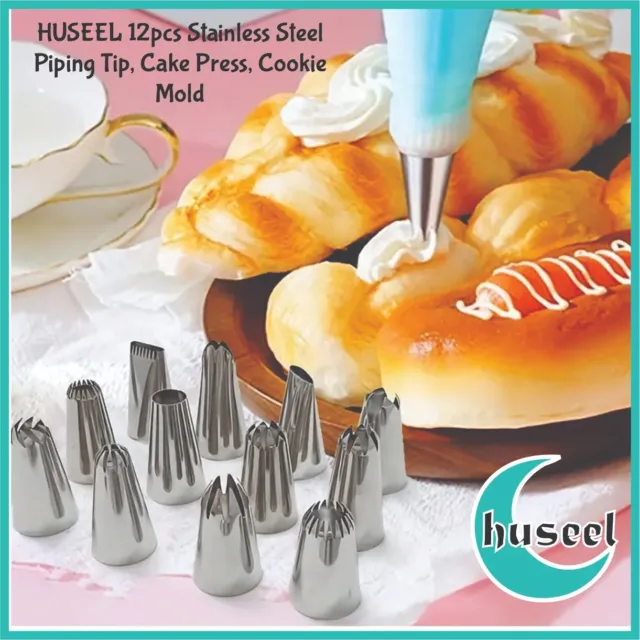 12pcs Stainless Steel Piping Tip, Cake Press, Cookie Mold