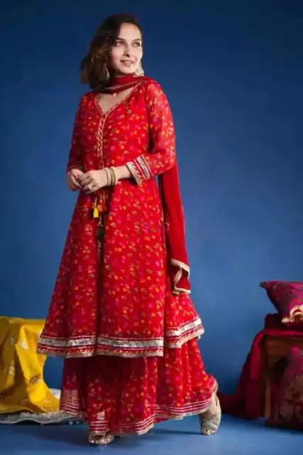 Indian Designer Kurti With Sharara Set Bandhej Print Georgette Salwar Kameez Set