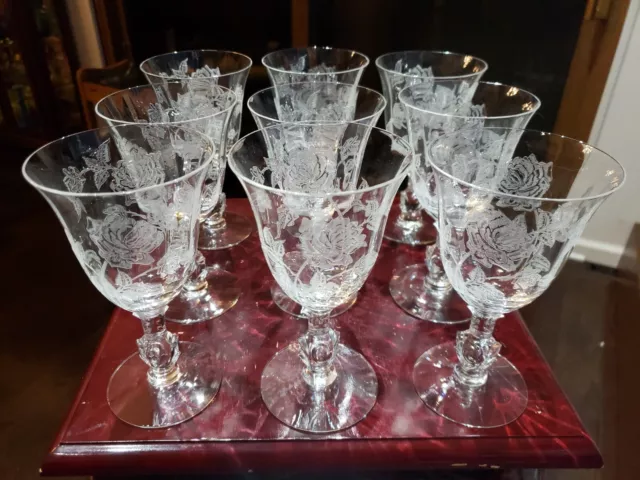 set (9) Water Goblets Glasses 6-1/2", Crystal Stem 5072 "Heisey Rose" etched