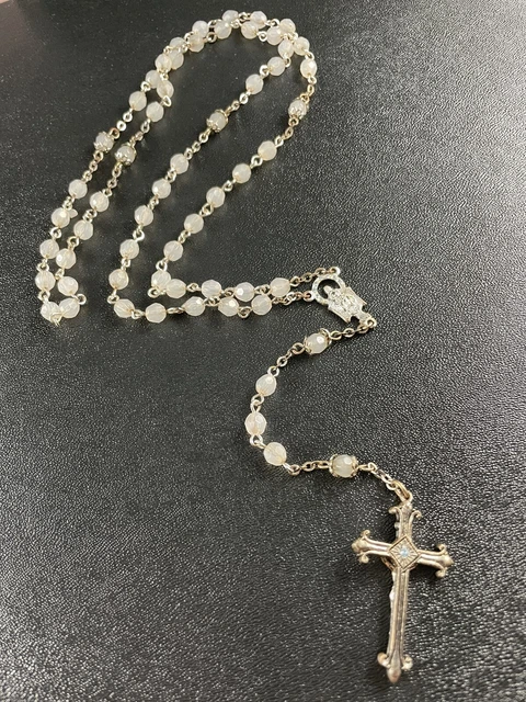 Vintage Catholic Rosary Glass Beads Crucifix Blue Crystal Rhinestone’s