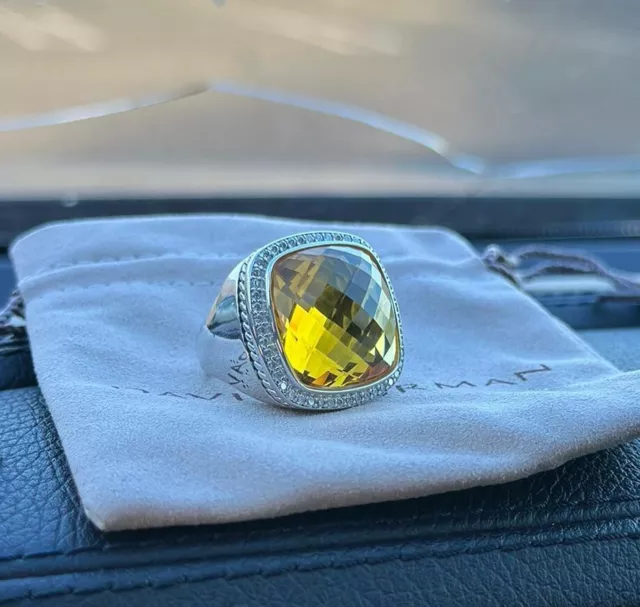 David Yurman 925 Silver 20mm Lemon Citrine ALBION Ring With DIAMONDS Size 9 2