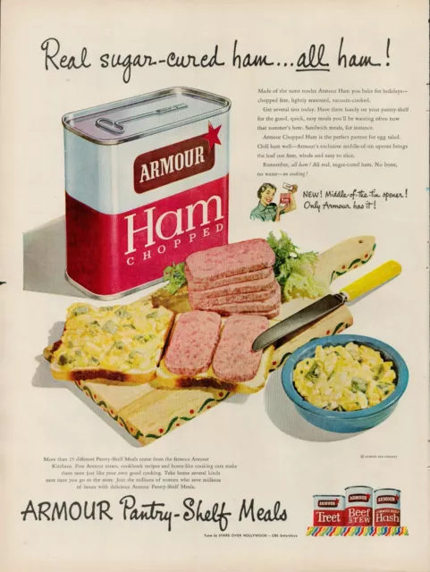 1950 Spam Chopped Ham Food Vintage Print Ad 50s Armour Treet Beef Stew Hash Egg