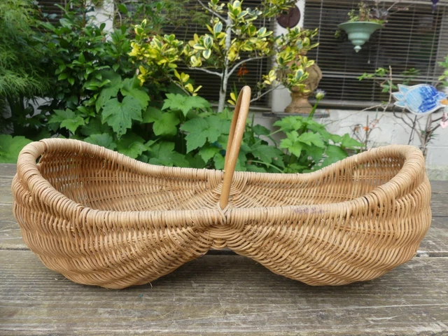 Beau Panier Ancien En Osier - Anse Cuir Et Corde Plastifiée - 27x35x22 Cm