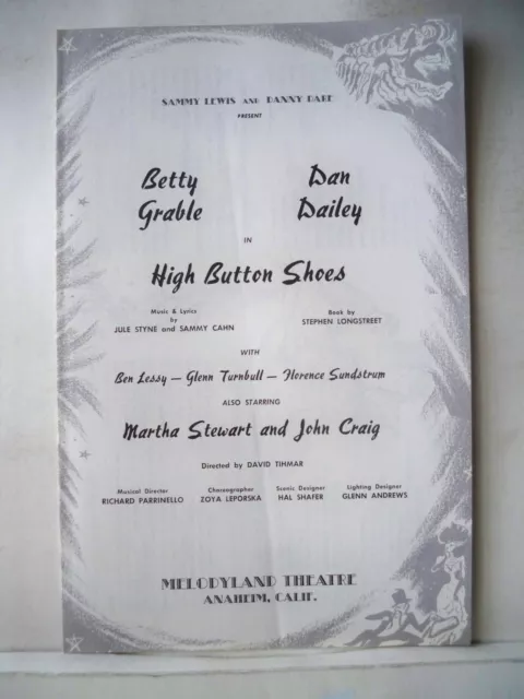 HIGH BUTTON SHOES Playbill BETTY GRABLE / DAN DAILEY Anaheim CA MELODYLAND 1962