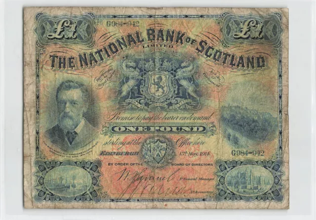 SCOTLAND 1 Pound 1914 (15.5.14) P-248a National Bank, Rare Early Date Large Note