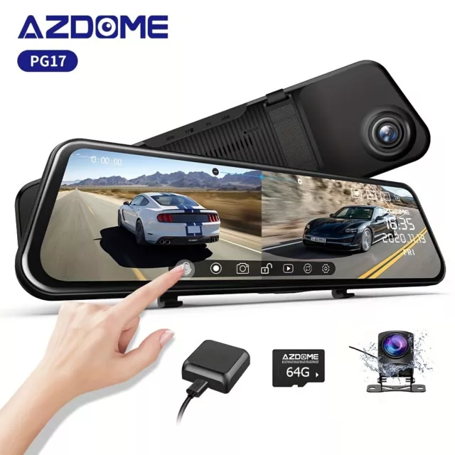 AZDOME 2K+1080P Mirror Dash Cam 12" IPS Touch Screen GPS WIFI DVR Backup Camera