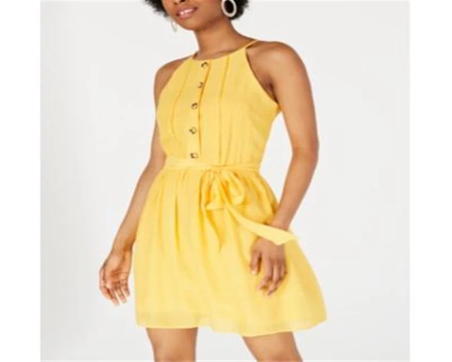 BCX Women's Amy Byer Button Down Tie Waist Dress Yellow Size Large