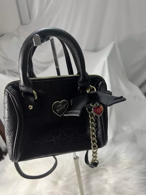 Betsey Johnson Mini Satchel Purse Be-Mine Bow Charm Crossbody Bag Black